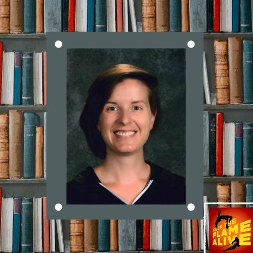 Photo of Book Club Claire on a background of bookshelves. Keep the Flame Alive podcast logo is in the lower right corner.