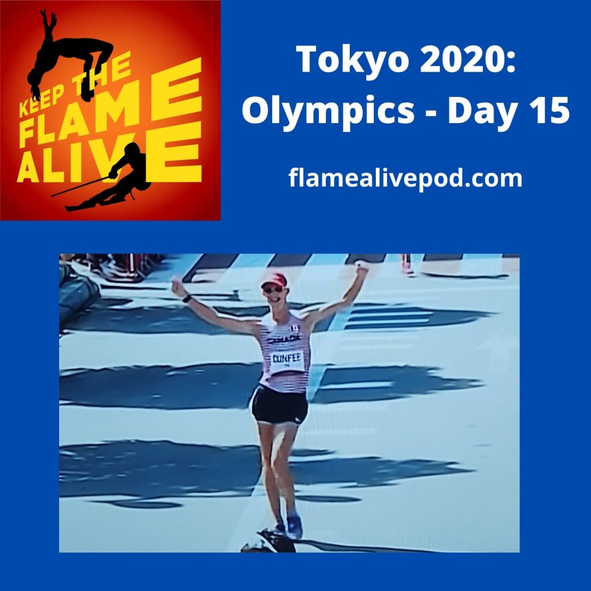 Keep the Flame Alive logo; Tokyo 2020: Olympics - Day 15 - flamealivepod.com - picture of Canadian and TKFLASTANI race walker Evan Dunfee crossing the finish line at the men's 50K race walk.