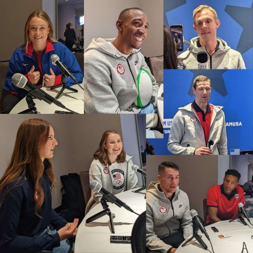 Team USA Team Sport player photo montage: Clockwise from top left: Emily Sonnett, Perry Baker, Canyon Barry, Dylan Thomas, Kareem Maddox, Jimmer Fredette, Kelsey Bing, Abby Tamer.