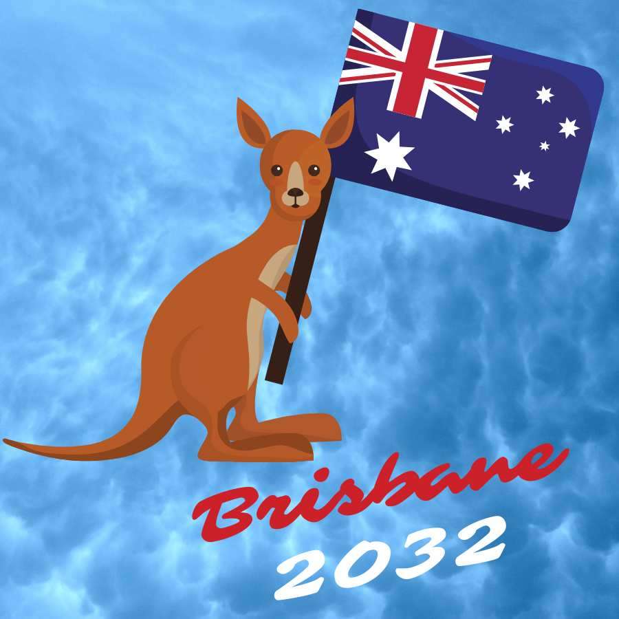 Graphic of a kangaroo holding an Australian flag. It says Brisbane 2032 along the bottom.