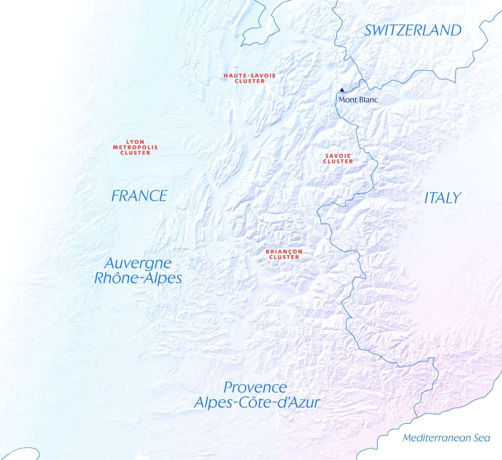 Map of the Alpes 2030 Olympic venues as of September 16, 2026. The left side focuses on the snow venues in France, with all of them being within three hours from Lyon. On the right side, top is Heerenveen, Netherlands with the speed skating venue in Thialf. The bottom shows three venues in Lyon.