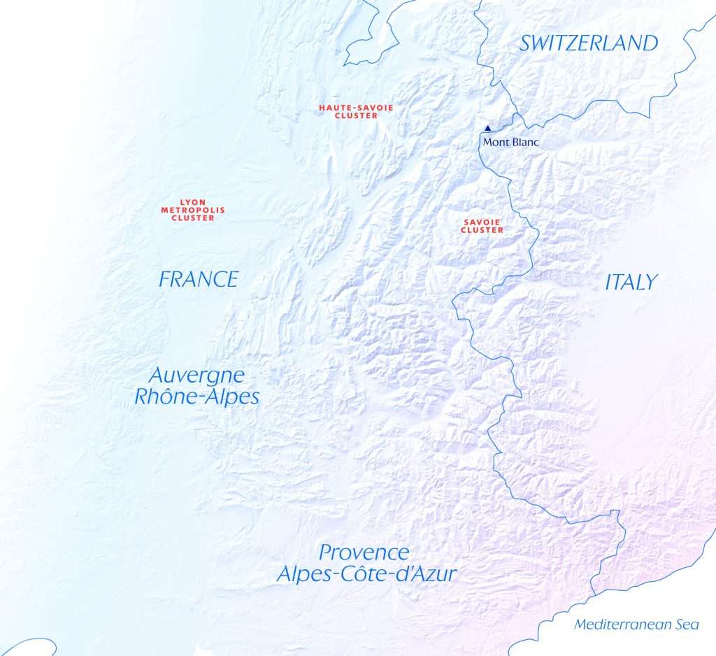 The map of venue clusters for the Alpes 2030 Paralympics. These Games will take place in Lyon, La Clusaz and Courchevel.